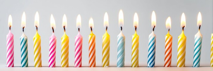 A high-resolution, panoramic studio photograph showcasing a symmetrical row of multiple brightly lit birthday candles against a clean, plain white background.