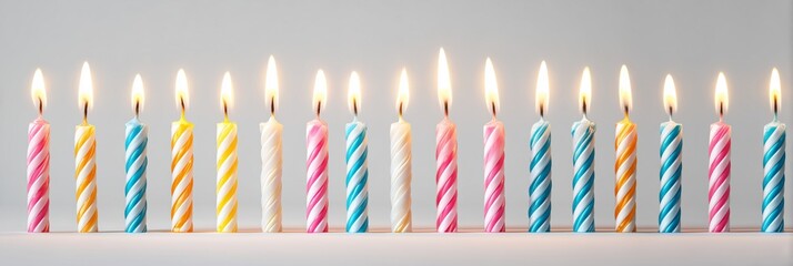 A high-resolution, panoramic studio photograph showcasing a symmetrical row of multiple brightly lit birthday candles against a clean, plain white background.