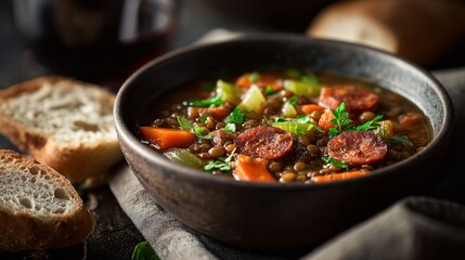 Chorizo and lentil soup, hearty rustic bowl, smoky broth, carrots and celery, crusty bread on the side, moody winter lighting, textured linen background
