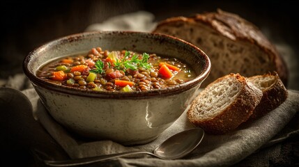 Chorizo and lentil soup, hearty rustic bowl, smoky broth, carrots and celery, crusty bread on the side, moody winter lighting, textured linen background
