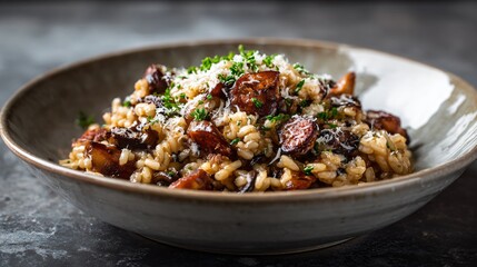 Chorizo and mushroom risotto, glossy arborio rice, saut&eacute;ed mushrooms, parmesan finish, shallow ceramic bowl, soft diffused light, minimalist stone background
