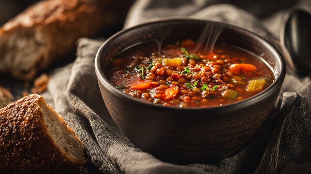 Chorizo and lentil soup, hearty rustic bowl, smoky broth, carrots and celery, crusty bread on the side, moody winter lighting, textured linen background - Powered by Adobe