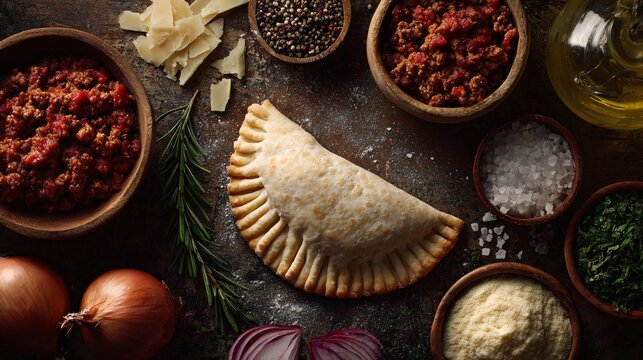 Chorizo and potato empanada filling close-up, raw ingredients arranged around, dark moody flat lay
