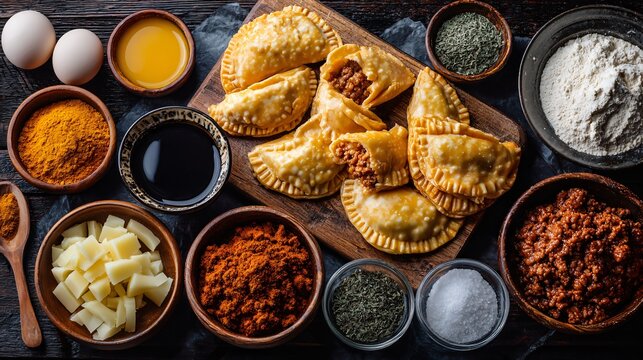 Chorizo and potato empanada filling close-up, raw ingredients arranged around, dark moody flat lay