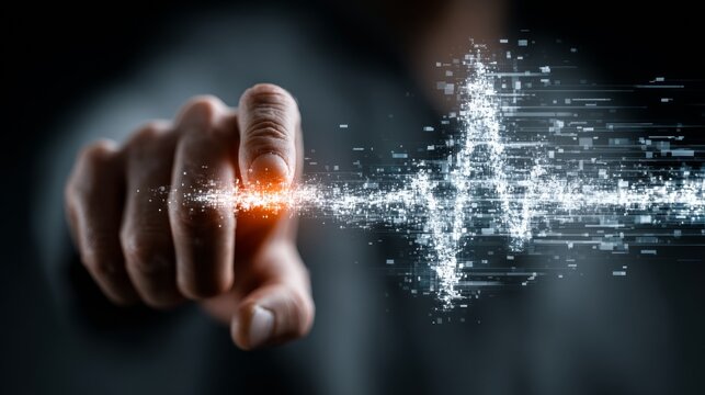 Futuristic hand interacts with glowing data stream, visualizing digital transformation and AI innovation. - Powered by Adobe