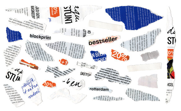 Torn Paper Sheets from Newspaper Isolated Set of News and Fashion Words, Elements for Collage or Scrapbook Design