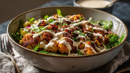 Fototapeta premium Chorizo and roasted cauliflower bowl, tahini drizzle, modern healthy plating, stone background, soft daylight