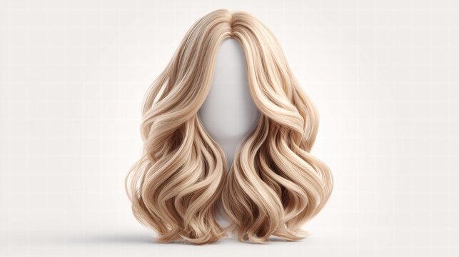 Blonde wig with long wavy hair on a mannequin head against a white backdrop.