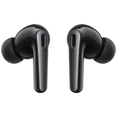 Black Wireless Earbuds Pair Front and Side View Isolated on transparent background