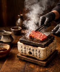 Premium Japanese wagyu beef steak seared on traditional hot stone grill with steam and rich texture for luxury dining, gourmet cuisine, restaurant branding, and food advertising