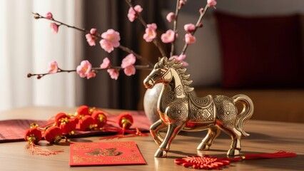 Elegant Horse Figurine with Plum Blossoms and Red Envelopes, Chinese New Year Year of the Horse Festive Still Life