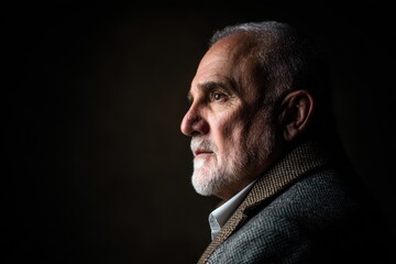 Thoughtful Senior Man in Profile Against Dark Background - Pensive Portrait.