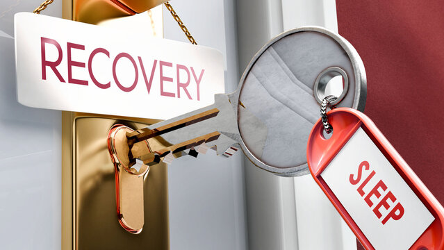 Sleep leads to Recovery - it's a key to unlock recovery. A door key metaphor showing how sleep is a key to access recovery. It's a necessary element to open recovery. ,3d illustration