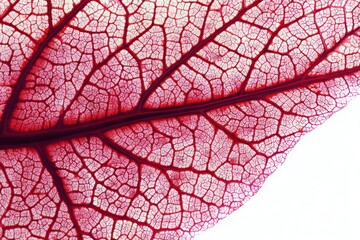 Close-Up of Vibrant Red Leaf Veins Showcasing Nature Intricate Patterns.