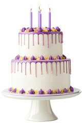 Elegant two-tiered white frosted cake, adorned with vibrant purple buttercream drips, delicate shell-shaped purple frosting details, and topped with three lit, isolated on transparent background.