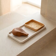 Minimalist bathroom accessories on white marble countertop