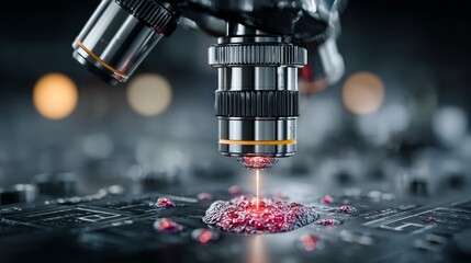 Advanced microscope lens illuminates intricate microscopic structure revealing vibrant cellular details in a cutting-edge laboratory setting