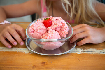 child sitting happily with strawberry sorbet, little one savoring bowl of berry flavored ice cream