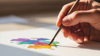 The artist paints a colorful watercolor painting on a light background
