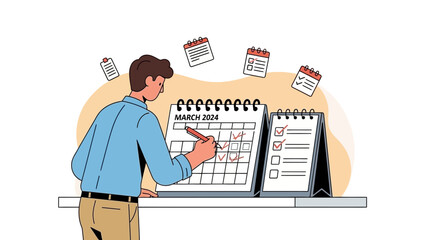 Man marking calendar dates, planning schedule, to-do list, time management concept