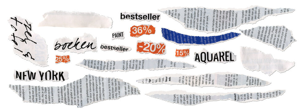 Torn Paper Sheets from Newspaper Isolated Set of News and Fashion Words, Clipping of the Word Bestseller, Elements for Collage or Scrapbook Design