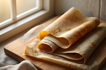 Delicious crepes stacked on a wooden board near the window