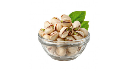A transparent glass bowl filled with delicious fresh pistachios and decorative green leaves