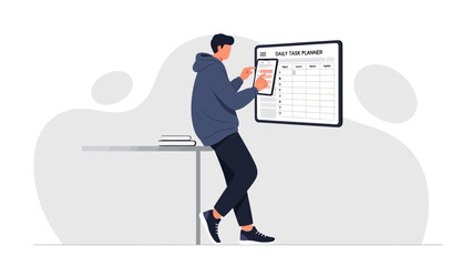 Man Planning Daily Tasks on Digital Tablet and Wall Calendar