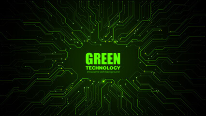 Tech background featuring green PCB circuitry with blank microchip area. Central space for text on abstract electronic motherboard design with glowing lines. Digital vector illustration