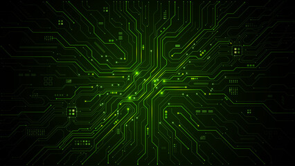 Green circuit board background with intricate tech patterns and digital pathways, perfect for modern technology projects and abstract electronic design concepts. Digital vector illustration 