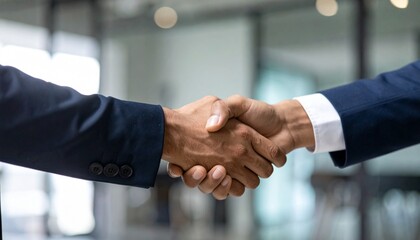Close-up handshake in bright office setting symbolizing business agreement.