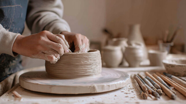 Hand pottery clay coil pot craft wheel ceramic studio artisan creative hand coil pot craft spinning clay wheel ceramic studio, artisan shaping soft textured surface with focused movement