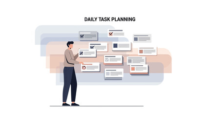 Man Planning Daily Tasks with Checklist and Progress Cards