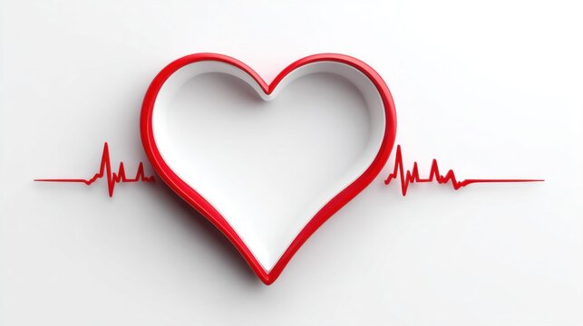 Red heart shape with heartbeat line on white background, health concept