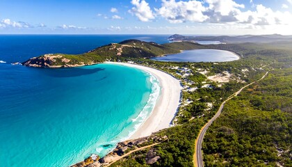 Aerial view of a tropical beach.