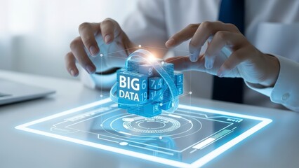 Businessman Interacting With Futuristic Big Data Hologram Display.