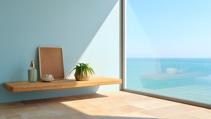 Serene bathroom scene with ocean view