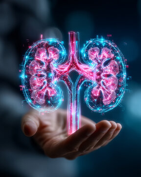 Doctor holding holographic human kidneys and human brain