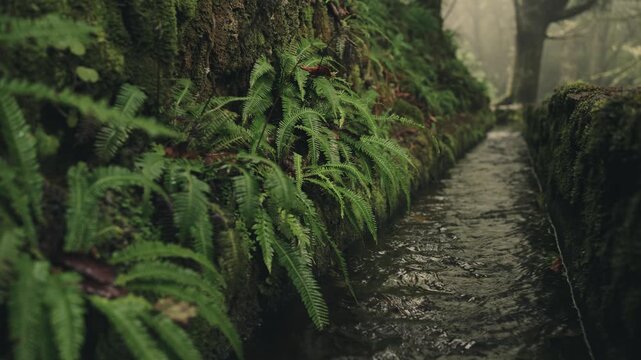 Low-angle shot over flowing levada on the PR9 Levada do Caldeir&atilde;o Verde trail in Madeira. Moss and ferns line the sides of the channel as the water flows calmly, creating a serene and cinematic nature