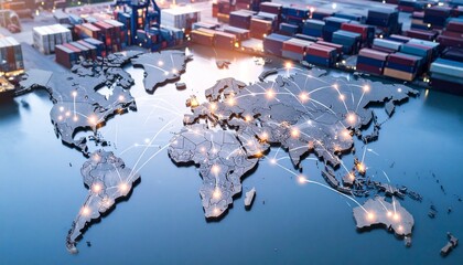World map over shipping port with glowing trade routes and stacked cargo containers symbolizing global logistics.