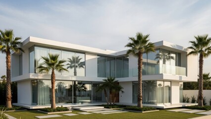 Fototapeta premium Modern luxury villa exterior with palm trees and glass facade