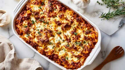 Chorizo pasta bake, bubbling cheese, tomato sauce, crispy edges, white ceramic dish, overhead flat lay, clean neutral props