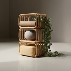 Modern woven storage units with green plant