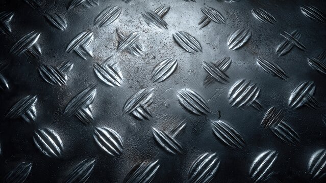 Close-up of textured diamond plate metal with abstract patterns in industrial lighting - Powered by Adobe