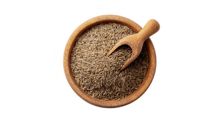 A wooden bowl filled with aromatic cumin seeds and a scoop on a black background