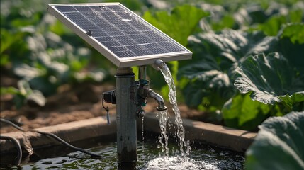Solar-powered water pump used for efficient garden irrigation, showcasing sustainable technology in gardening.