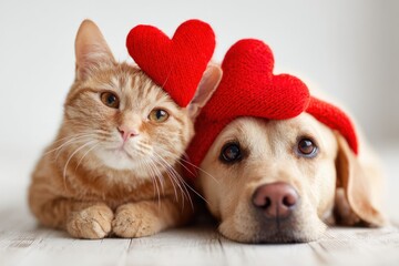 Cat and Dog Posing with Red Hearts Isolated on White Background