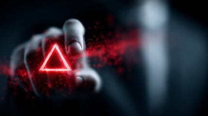 Fingertip activating glowing red triangle symbol amidst swirling digital particles, symbolizing innovation and future technology.