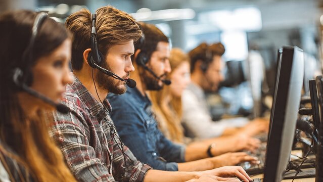 Customer support team in a modern call center using headsets and computers - Powered by Adobe