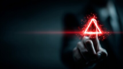Dynamic hand touches glowing red triangle symbol with futuristic particles, representing innovation and digital transformation in business.